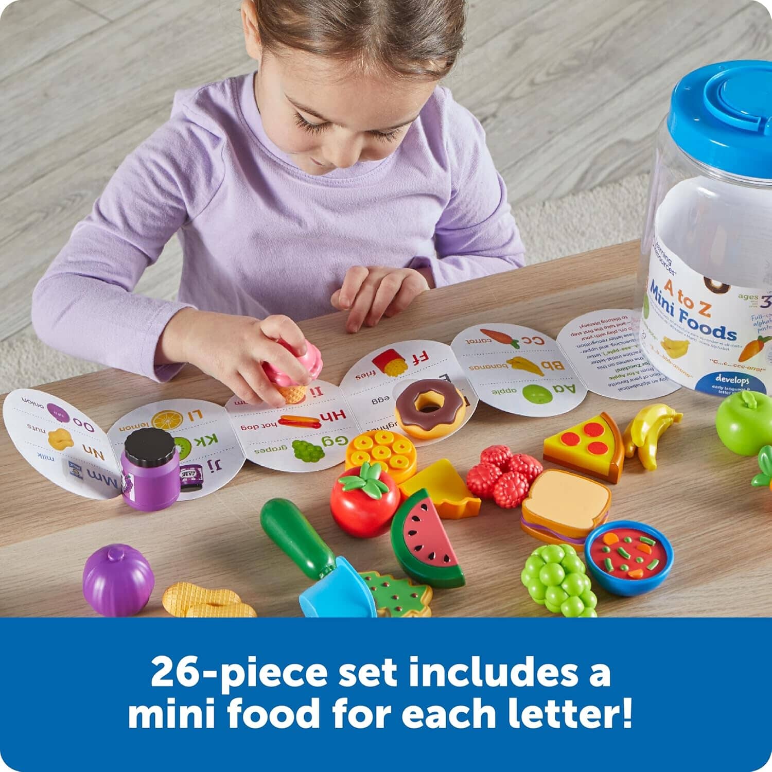 Learning Resources A to Z 26 Mini Alphabet Foods, Storage Bucket & Guide!: Play Kitchen, Pretend Play, Preschool Toys - Ages 3+ - Educational Toy - Image 2