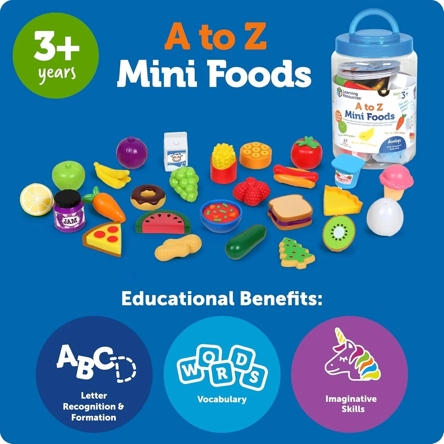 Learning Resources A to Z 26 Mini Alphabet Foods, Storage Bucket & Guide!: Play Kitchen, Pretend Play, Preschool Toys - Ages 3+ - Educational Toy - Image 5
