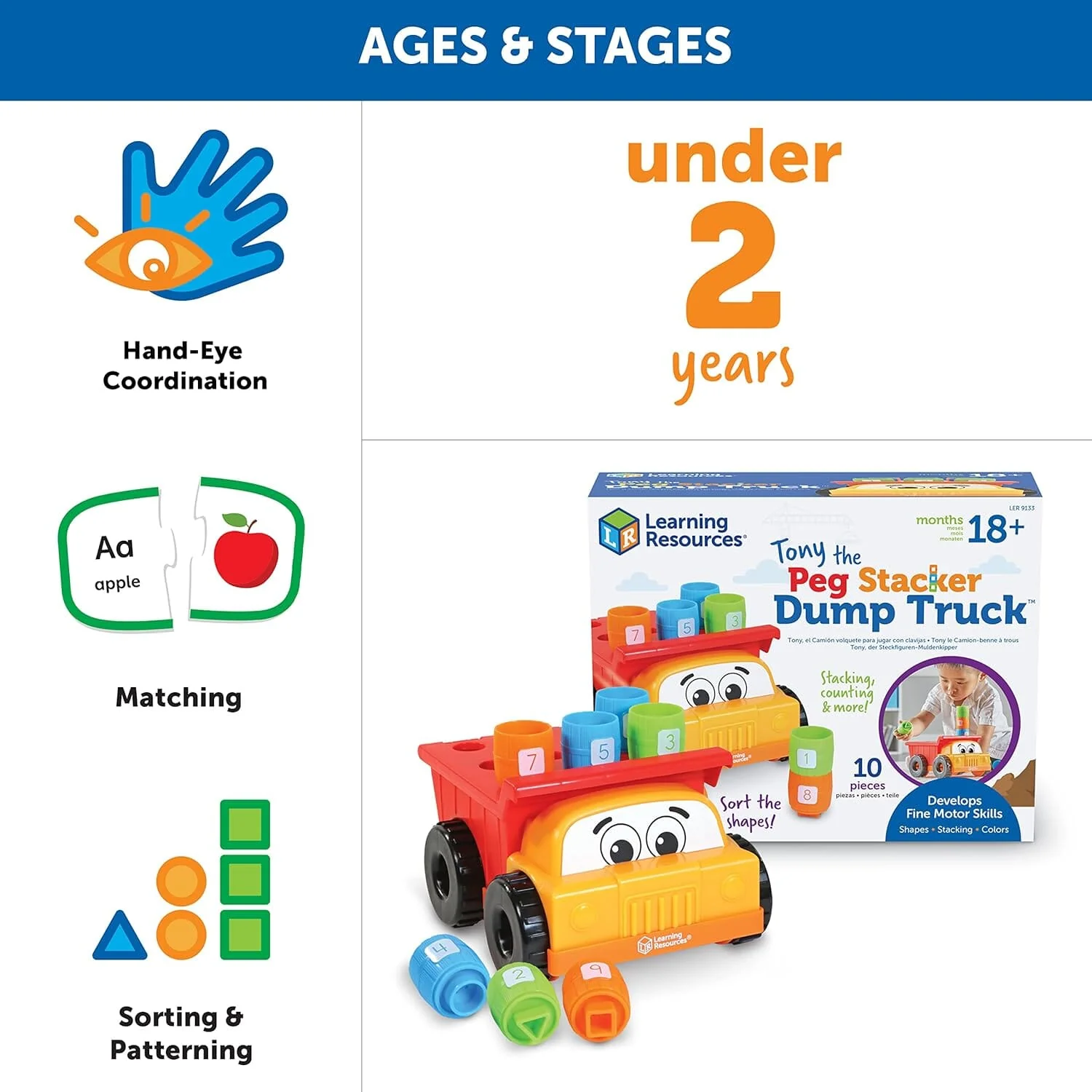 Learning Resources: Tony the Peg Stacker Dump Truck: 10 Pieces - Ages 18+ Months - Educational toy - Image 8
