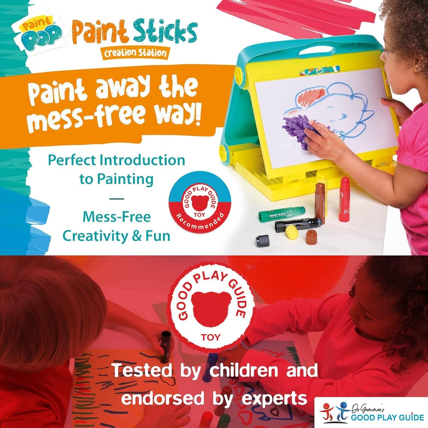 Paint Pop - Creation Station Portable Table Top Easel For Kids - Foldable for Storage, Double Sided with Wipeable Whiteboard - Includes 6 Paint Sticks, Duster and Paper Clips - Ages 3+ - Image 3