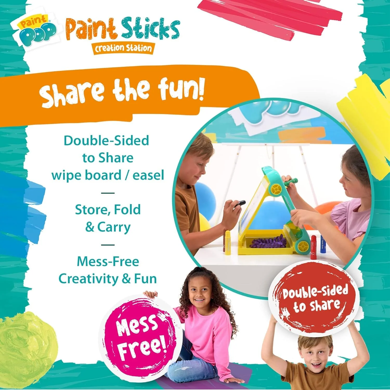Paint Pop - Creation Station Portable Table Top Easel For Kids - Foldable for Storage, Double Sided with Wipeable Whiteboard - Includes 6 Paint Sticks, Duster and Paper Clips - Ages 3+ - Image 4