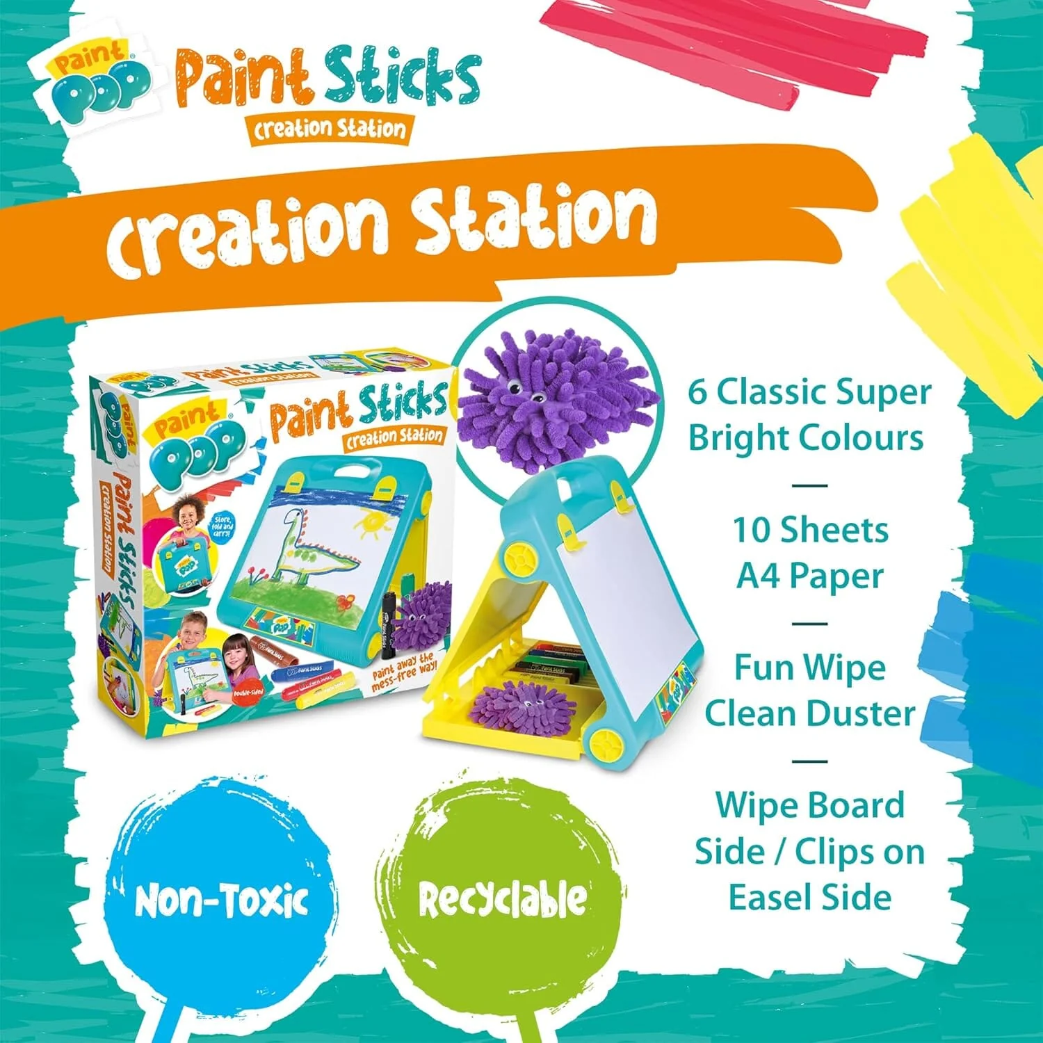Paint Pop - Creation Station Portable Table Top Easel For Kids - Foldable for Storage, Double Sided with Wipeable Whiteboard - Includes 6 Paint Sticks, Duster and Paper Clips - Ages 3+ - Image 5