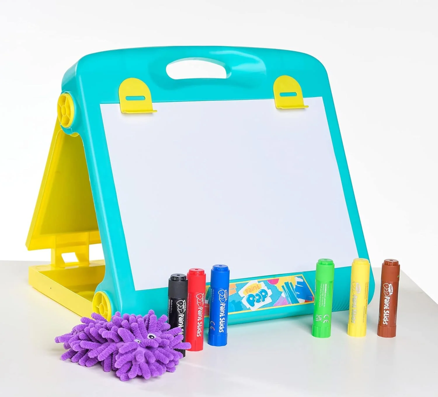 Paint Pop - Creation Station Portable Table Top Easel For Kids - Foldable for Storage, Double Sided with Wipeable Whiteboard - Includes 6 Paint Sticks, Duster and Paper Clips - Ages 3+ - Image 7